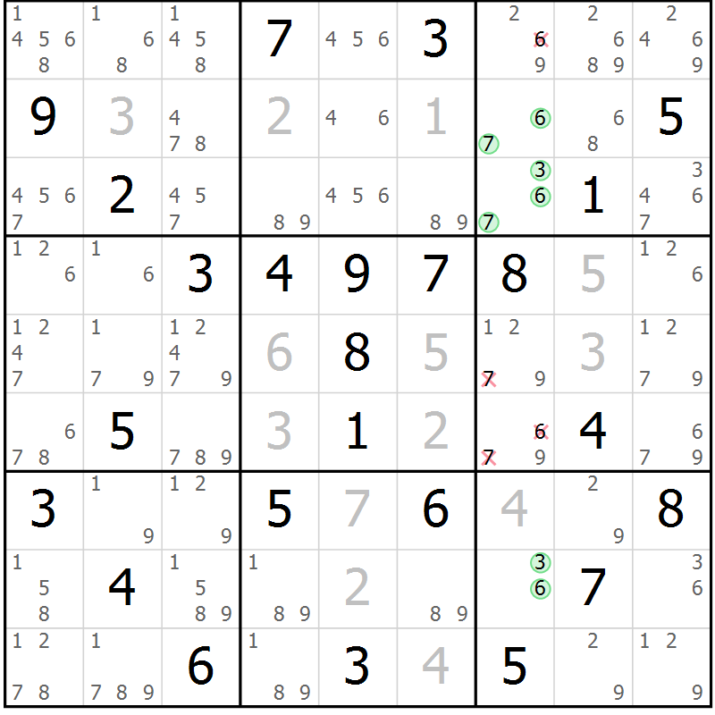 Position des candidats pour la solution de la Gr 50 page 53 du magazine de sudoku Maestro n° 100