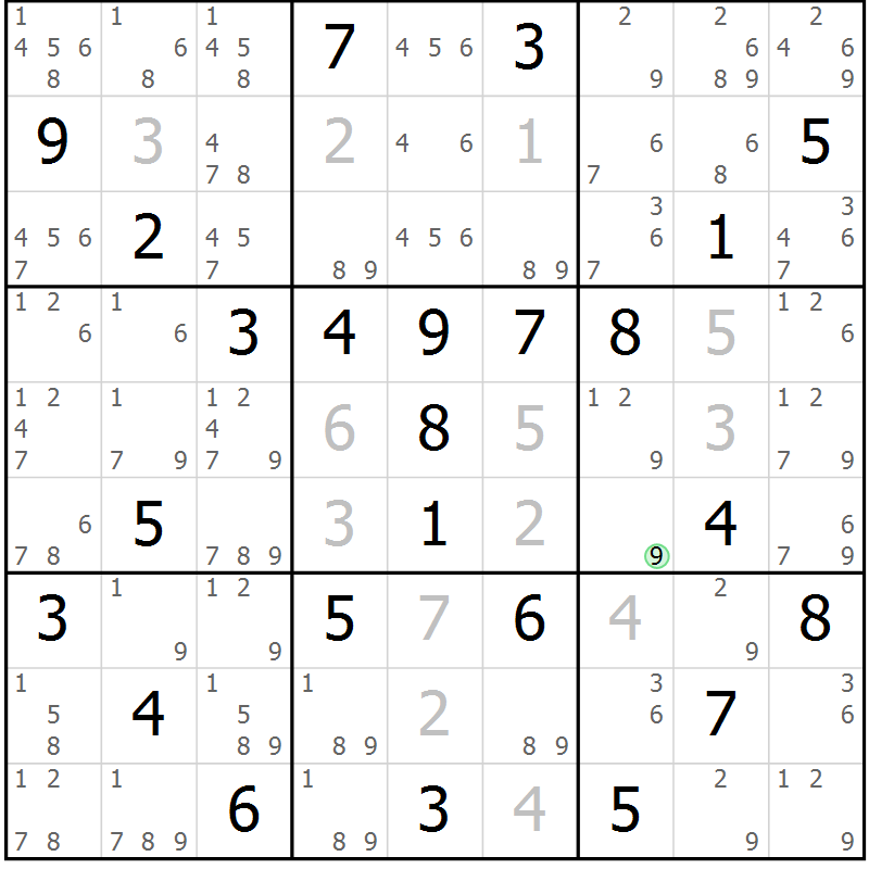 Position des candidats pour la solution de la Gr 50 page 53 du magazine de sudoku Maestro n° 100