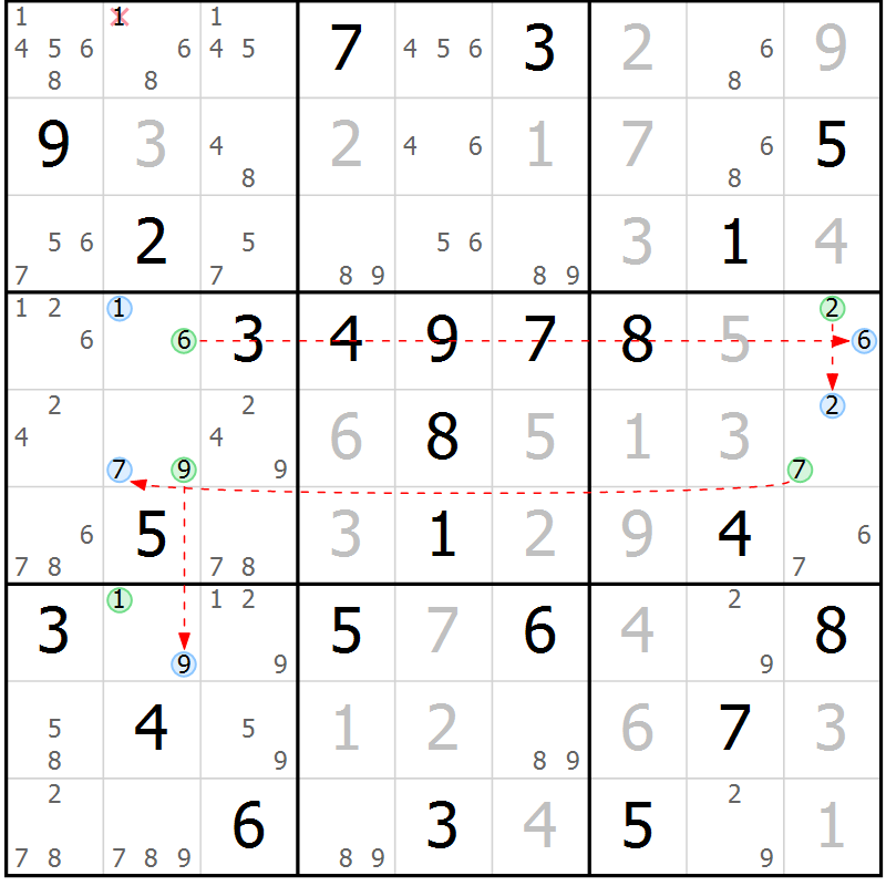 Position des candidats pour la solution de la Gr 50 page 53 du magazine de sudoku Maestro n° 100
