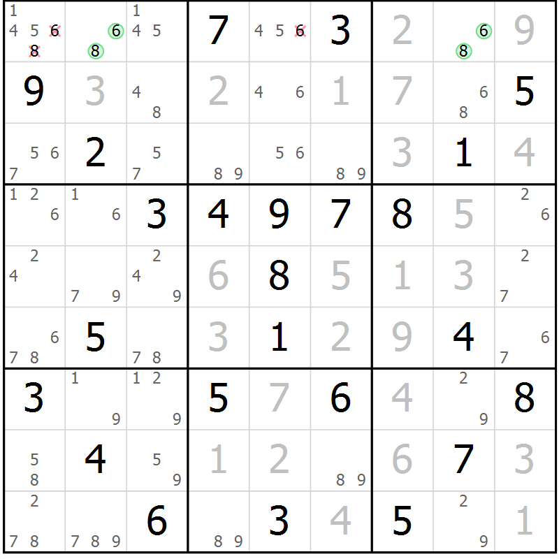 Position des candidats pour la solution de la Gr 50 page 53 du magazine de sudoku Maestro n° 100