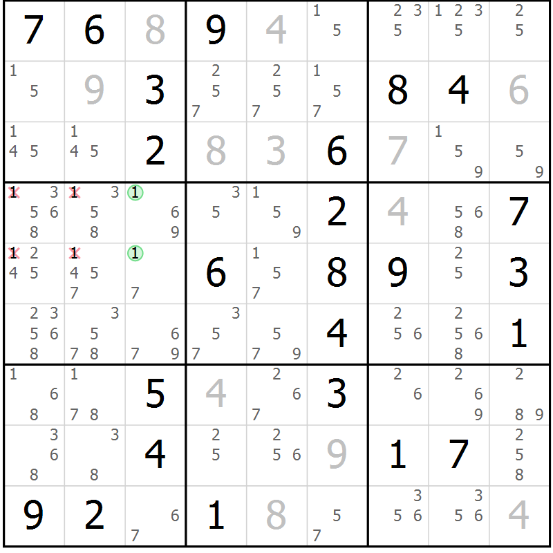 Position des candidats pour la solution de la Gr 51 page 54 du magazine de sudoku Maestro n° 100