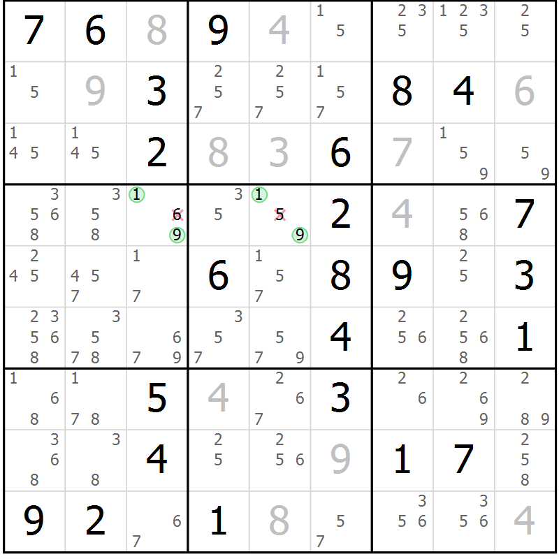 Position des candidats pour la solution de la Gr 51 page 54 du magazine de sudoku Maestro n° 100