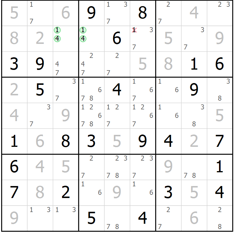 Position des candidats pour la solution de la Gr 52 page 55 du magazine de sudoku Maestro n° 100