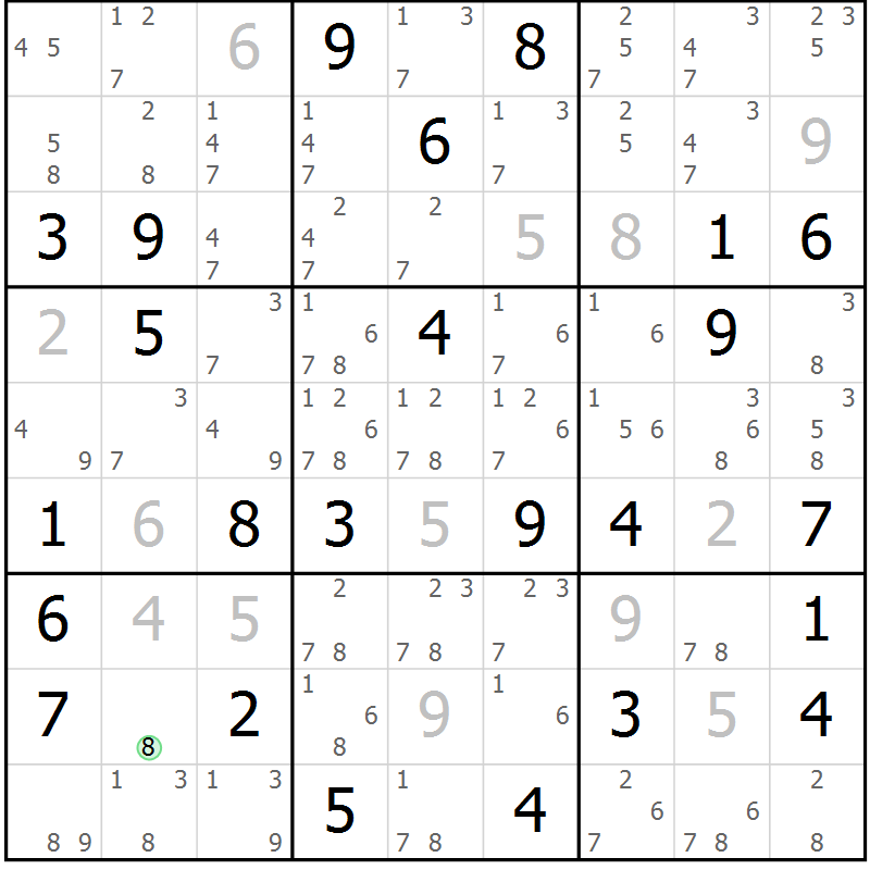 Position des candidats pour la solution de la Gr 52 page 55 du magazine de sudoku Maestro n° 100