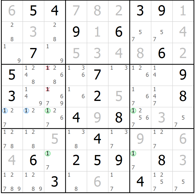 Position des candidats pour la solution de la Gr 53 page 56 du magazine de sudoku Maestro n° 100