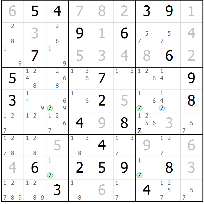 Position des candidats pour la solution de la Gr 53 page 56 du magazine de sudoku Maestro n° 100