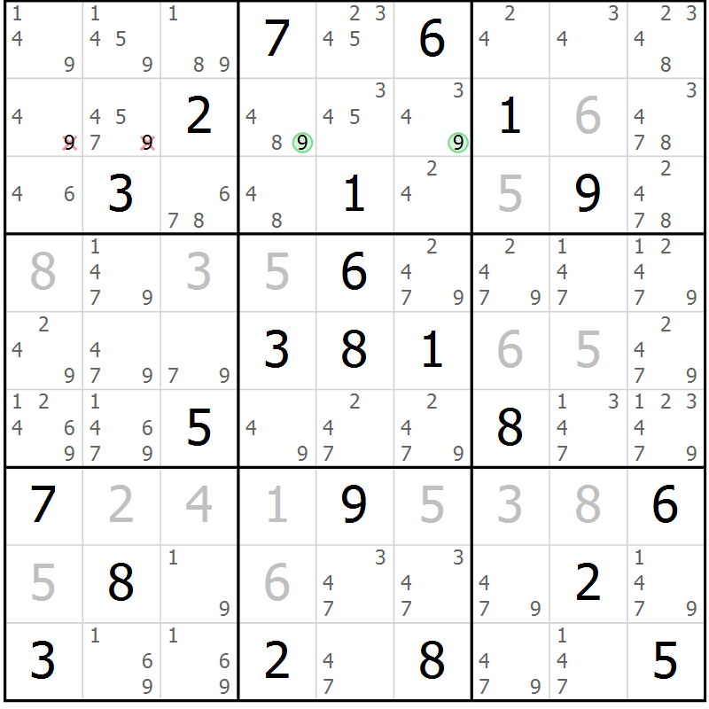 Position des candidats pour la solution de la Gr 54 page 57 du magazine de sudoku Maestro n° 100