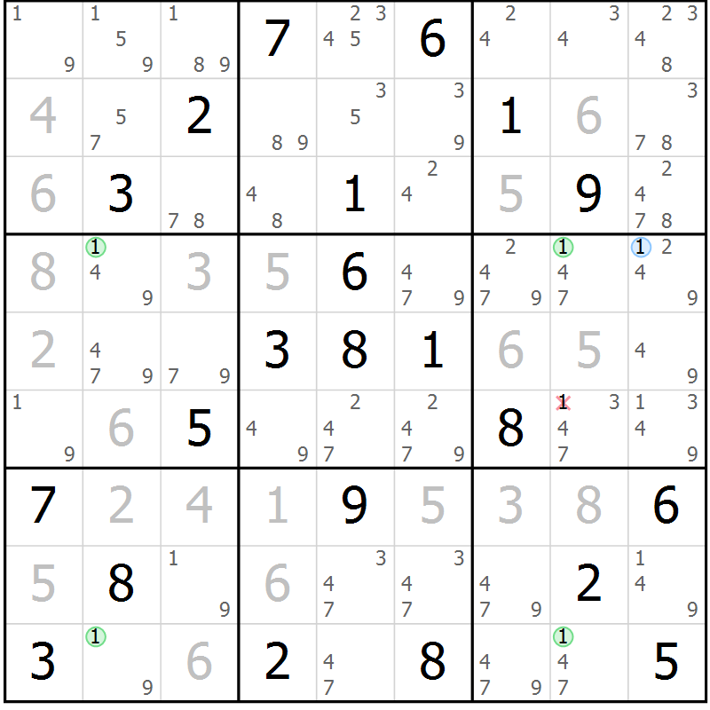 Position des candidats pour la solution de la Gr 54 page 57 du magazine de sudoku Maestro n° 100