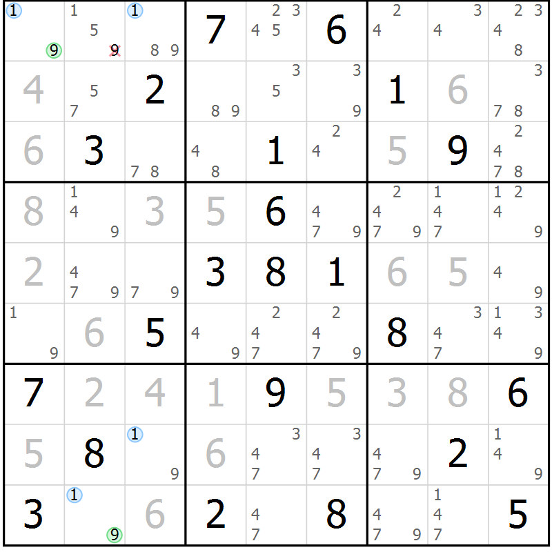 Position des candidats pour la solution de la Gr 54 page 57 du magazine de sudoku Maestro n° 100