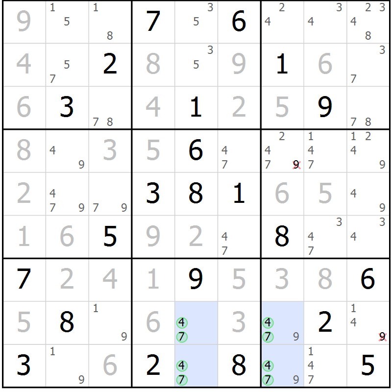 Position des candidats pour la solution de la Gr 54 page 57 du magazine de sudoku Maestro n° 100