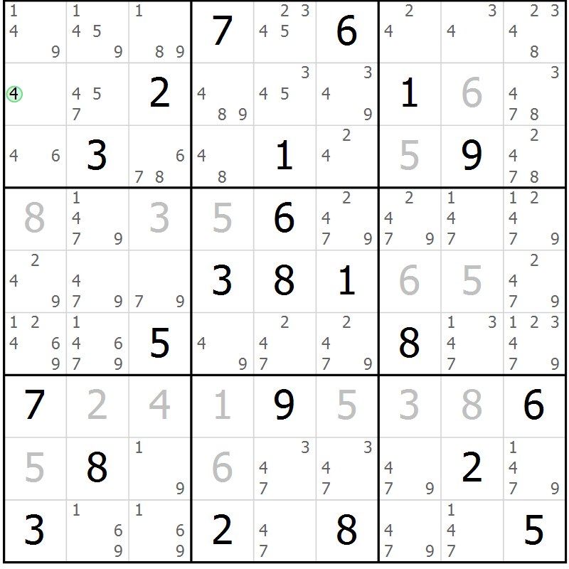 Position des candidats pour la solution de la Gr 54 page 57 du magazine de sudoku Maestro n° 100