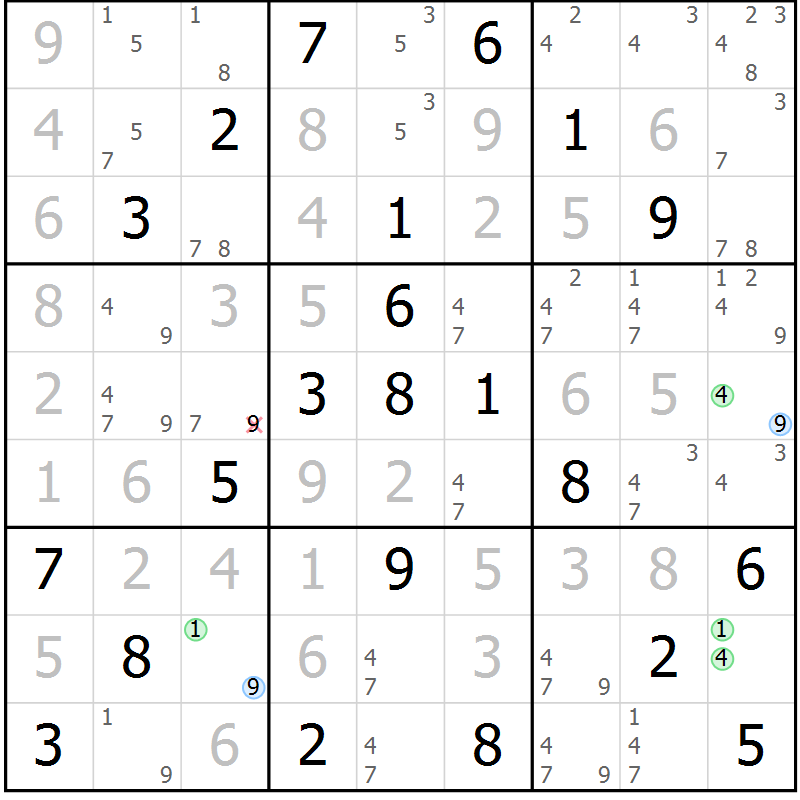 Position des candidats pour la solution de la Gr 54 page 57 du magazine de sudoku Maestro n° 100