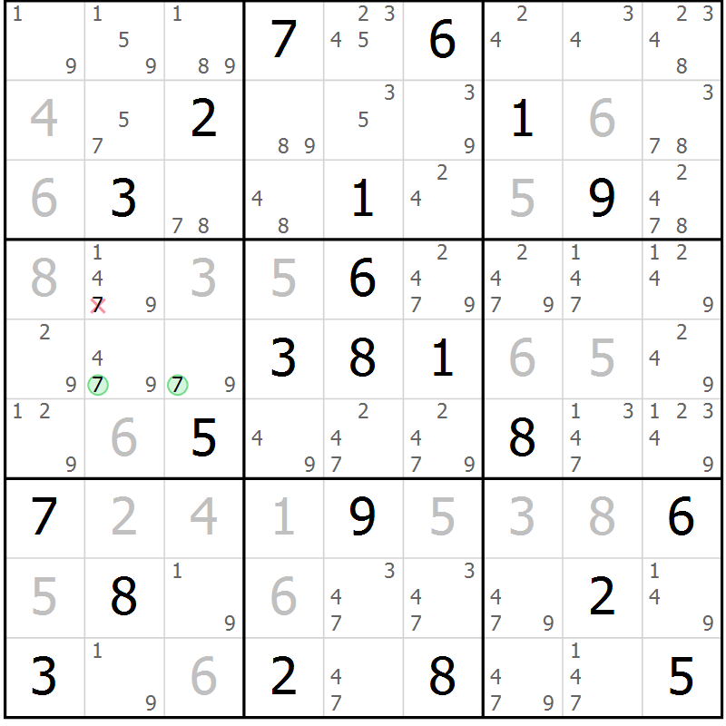 Position des candidats pour la solution de la Gr 54 page 57 du magazine de sudoku Maestro n° 100