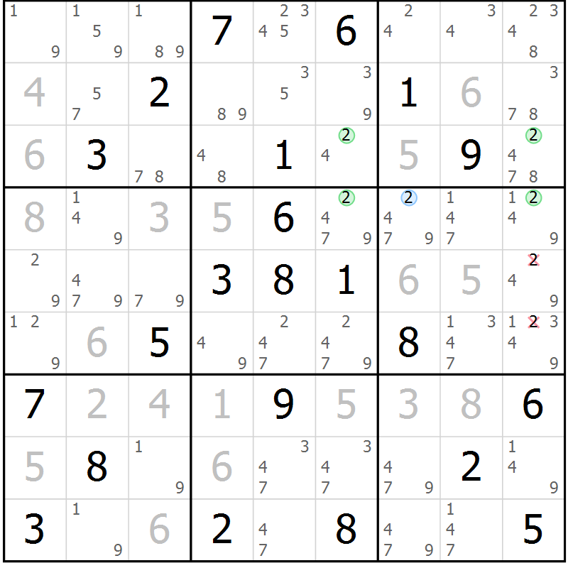 Position des candidats pour la solution de la Gr 54 page 57 du magazine de sudoku Maestro n° 100