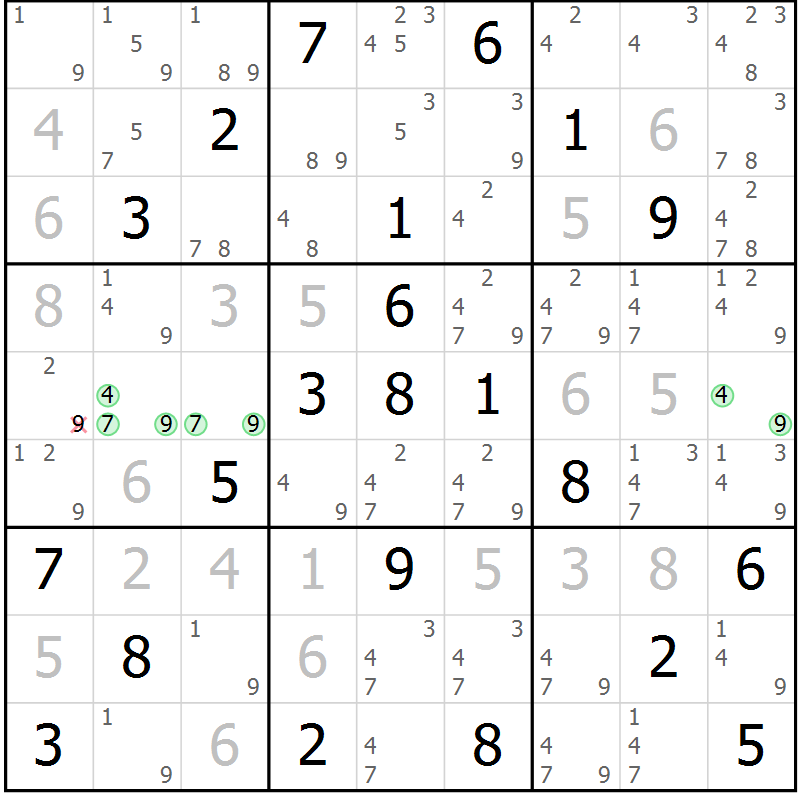 Position des candidats pour la solution de la Gr 54 page 57 du magazine de sudoku Maestro n° 100