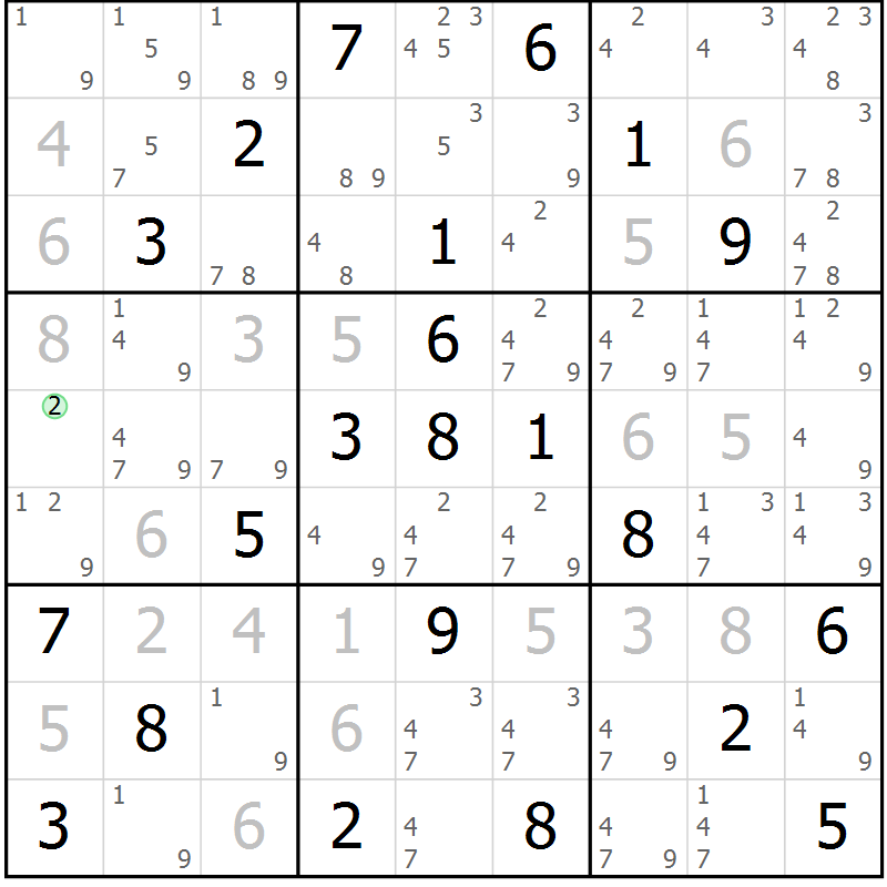 Position des candidats pour la solution de la Gr 54 page 57 du magazine de sudoku Maestro n° 100