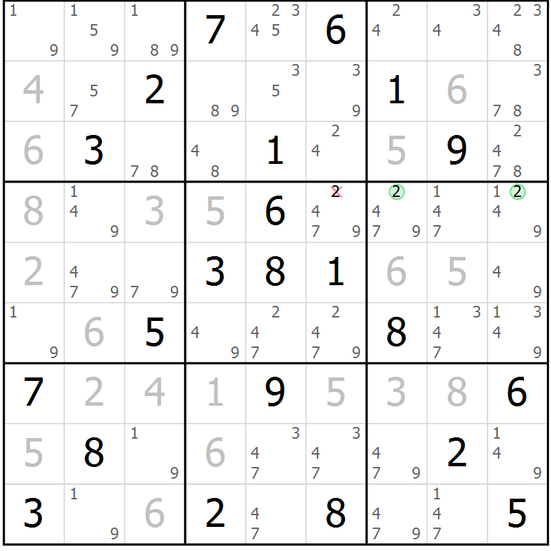 Position des candidats pour la solution de la Gr 54 page 57 du magazine de sudoku Maestro n° 100