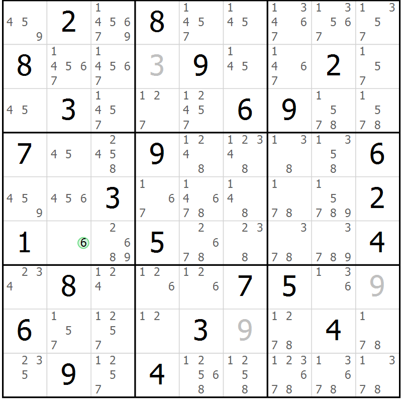 Position des candidats pour la solution de la Gr 55 page 58 du magazine de sudoku Maestro n° 100