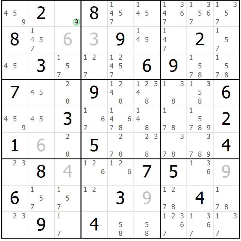 Position des candidats pour la solution de la Gr 55 page 58 du magazine de sudoku Maestro n° 100