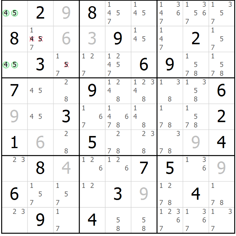 Position des candidats pour la solution de la Gr 55 page 58 du magazine de sudoku Maestro n° 100