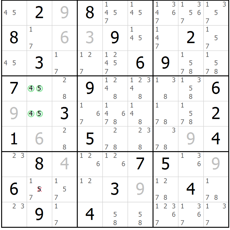 Position des candidats pour la solution de la Gr 55 page 58 du magazine de sudoku Maestro n° 100