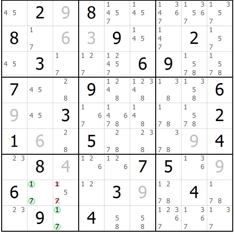 Position des candidats pour la solution de la Gr 55 page 58 du magazine de sudoku Maestro n° 100
