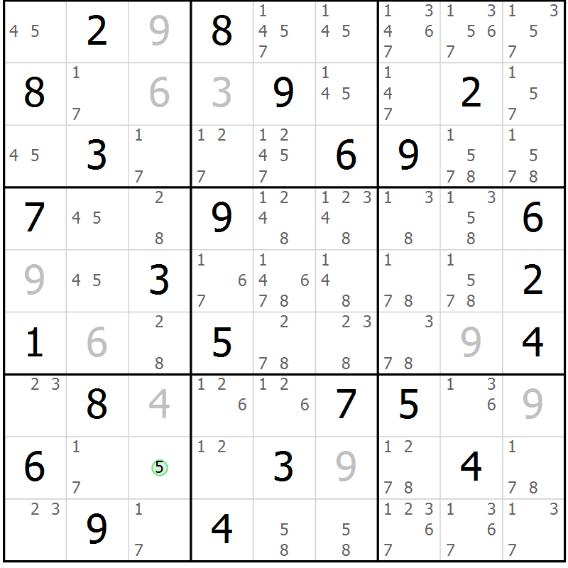 Position des candidats pour la solution de la Gr 55 page 58 du magazine de sudoku Maestro n° 100