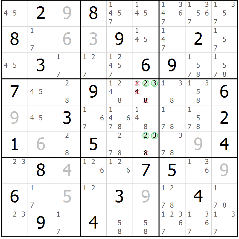 Position des candidats pour la solution de la Gr 55 page 58 du magazine de sudoku Maestro n° 100