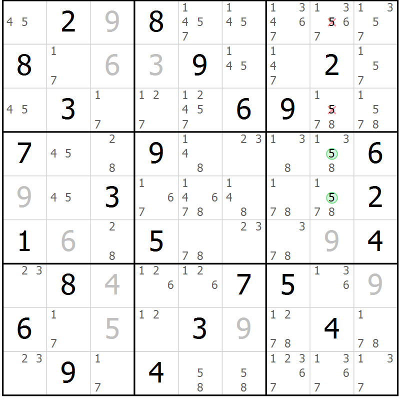Position des candidats pour la solution de la Gr 55 page 58 du magazine de sudoku Maestro n° 100
