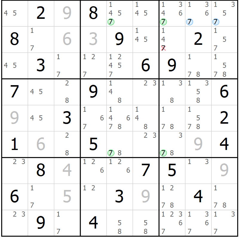 Position des candidats pour la solution de la Gr 55 page 58 du magazine de sudoku Maestro n° 100