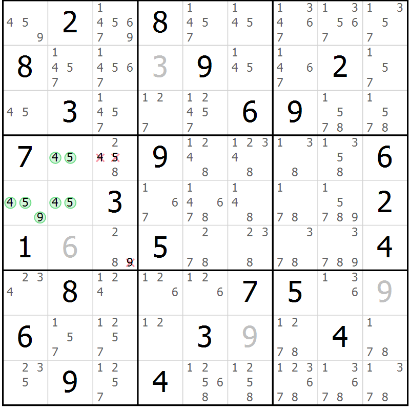 Position des candidats pour la solution de la Gr 55 page 58 du magazine de sudoku Maestro n° 100