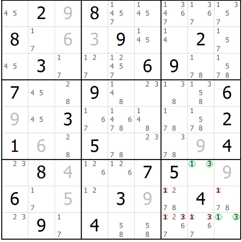 Position des candidats pour la solution de la Gr 55 page 58 du magazine de sudoku Maestro n° 100