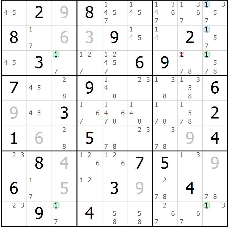 Position des candidats pour la solution de la Gr 55 page 58 du magazine de sudoku Maestro n° 100
