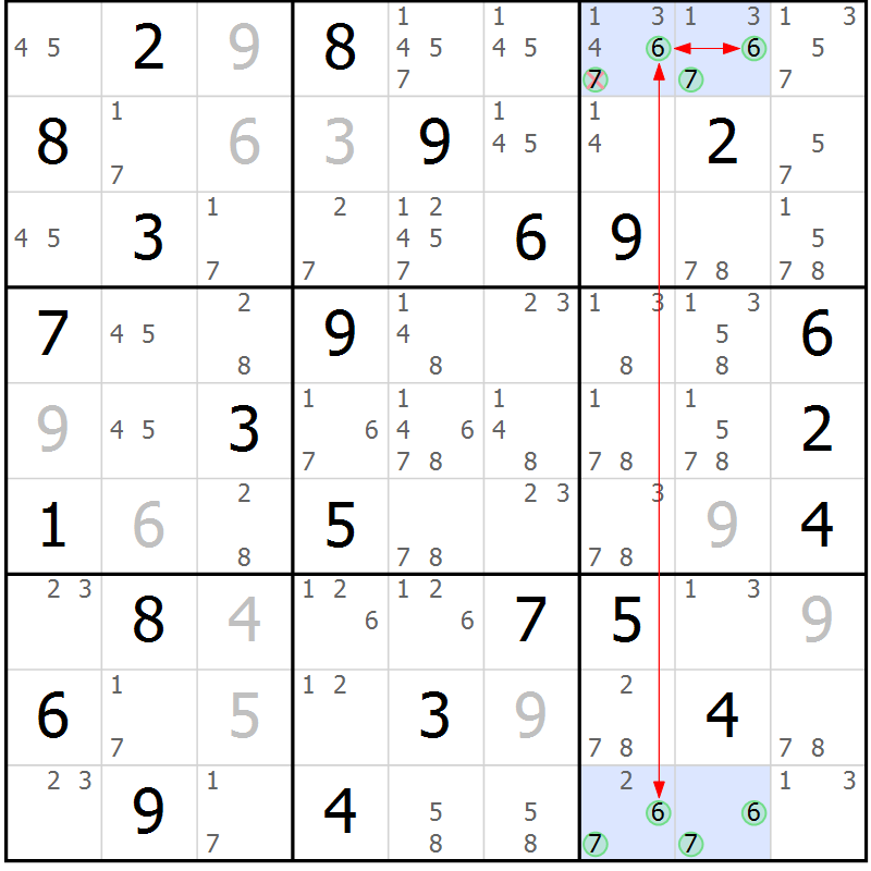 Position des candidats pour la solution de la Gr 55 page 58 du magazine de sudoku Maestro n° 100