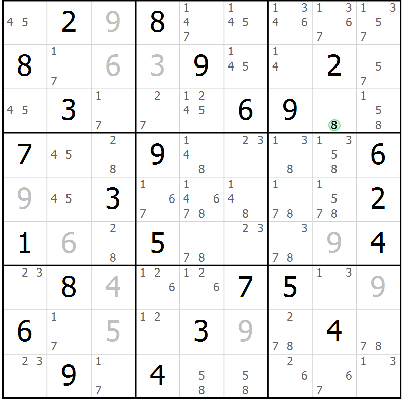 Position des candidats pour la solution de la Gr 55 page 58 du magazine de sudoku Maestro n° 100