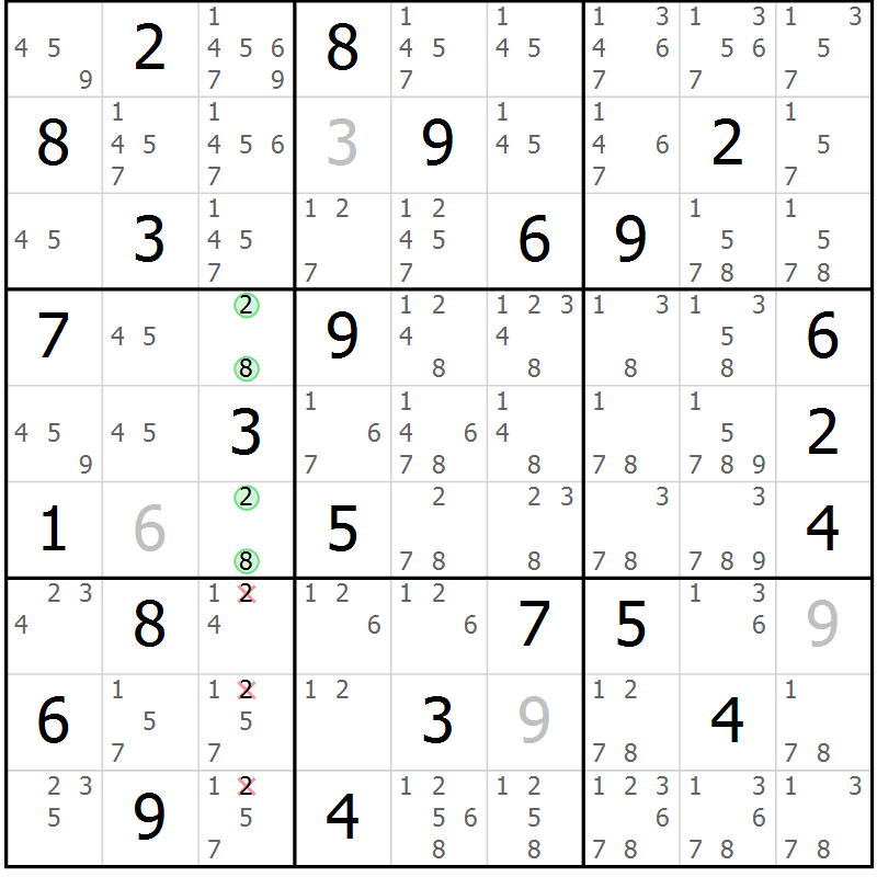 Position des candidats pour la solution de la Gr 55 page 58 du magazine de sudoku Maestro n° 100