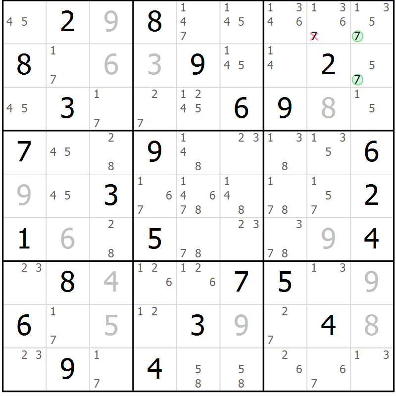 Position des candidats pour la solution de la Gr 55 page 58 du magazine de sudoku Maestro n° 100
