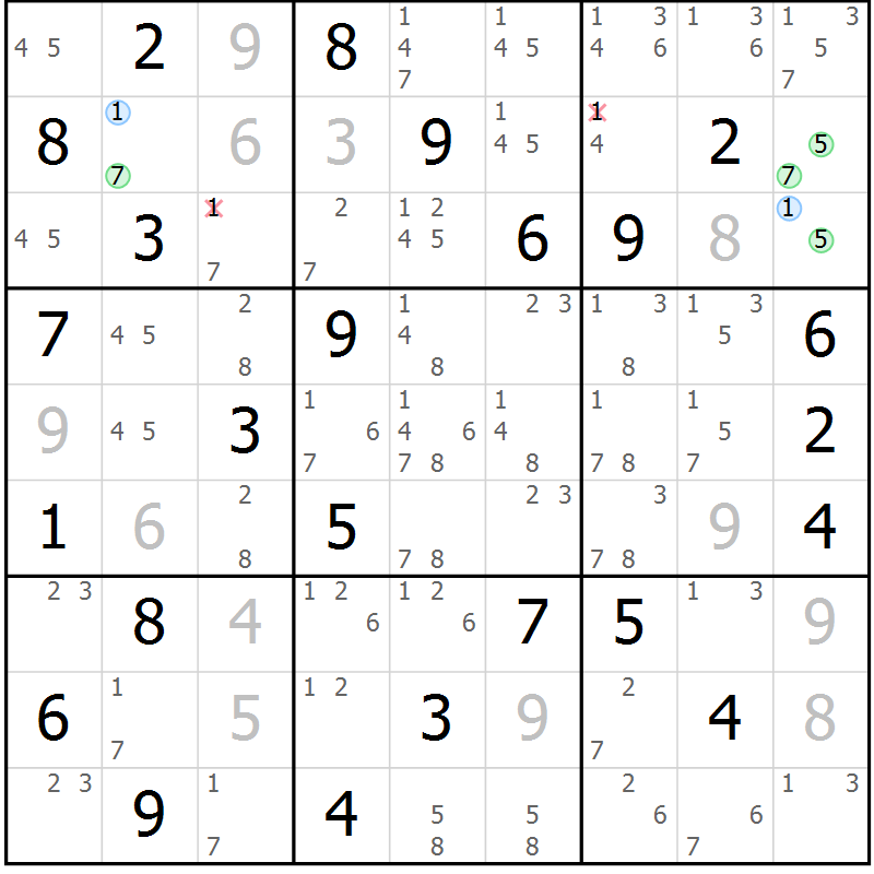 Position des candidats pour la solution de la Gr 55 page 58 du magazine de sudoku Maestro n° 100