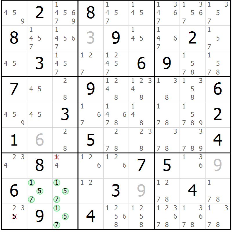 Position des candidats pour la solution de la Gr 55 page 58 du magazine de sudoku Maestro n° 100