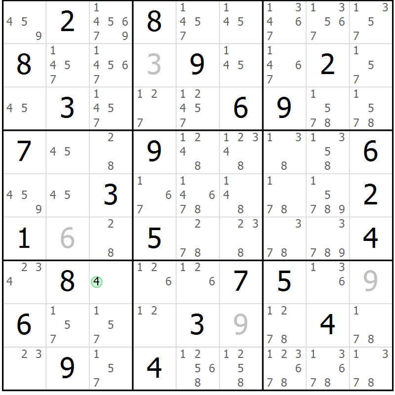 Position des candidats pour la solution de la Gr 55 page 58 du magazine de sudoku Maestro n° 100