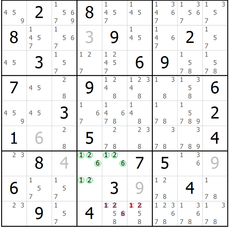 Position des candidats pour la solution de la Gr 55 page 58 du magazine de sudoku Maestro n° 100