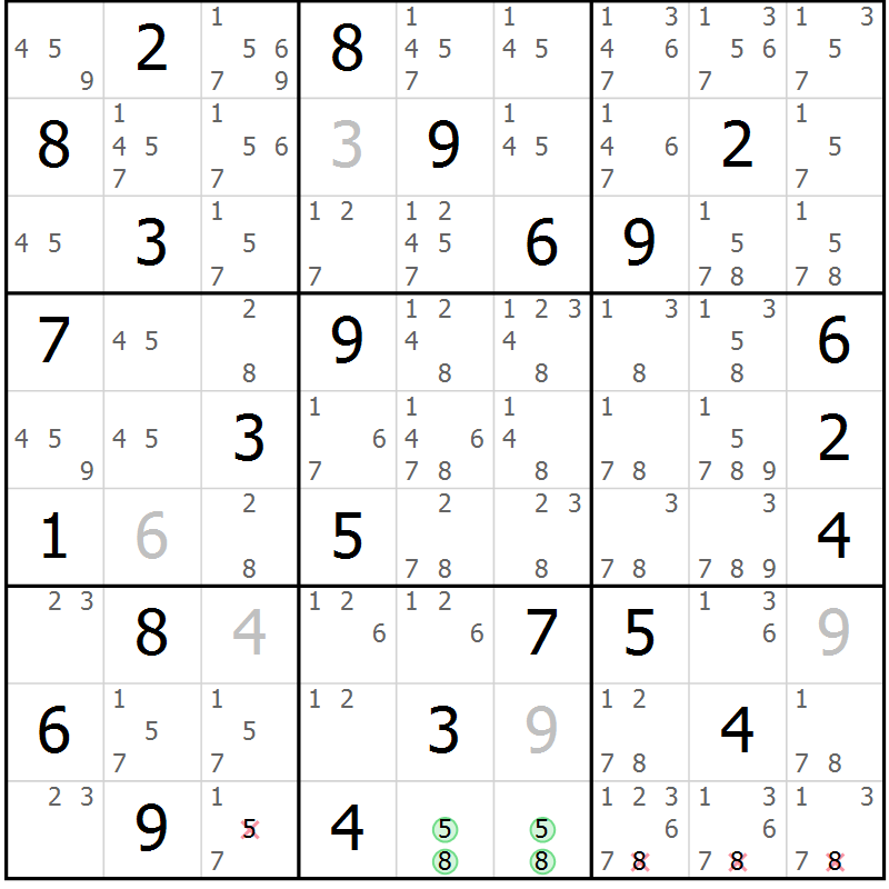 Position des candidats pour la solution de la Gr 55 page 58 du magazine de sudoku Maestro n° 100