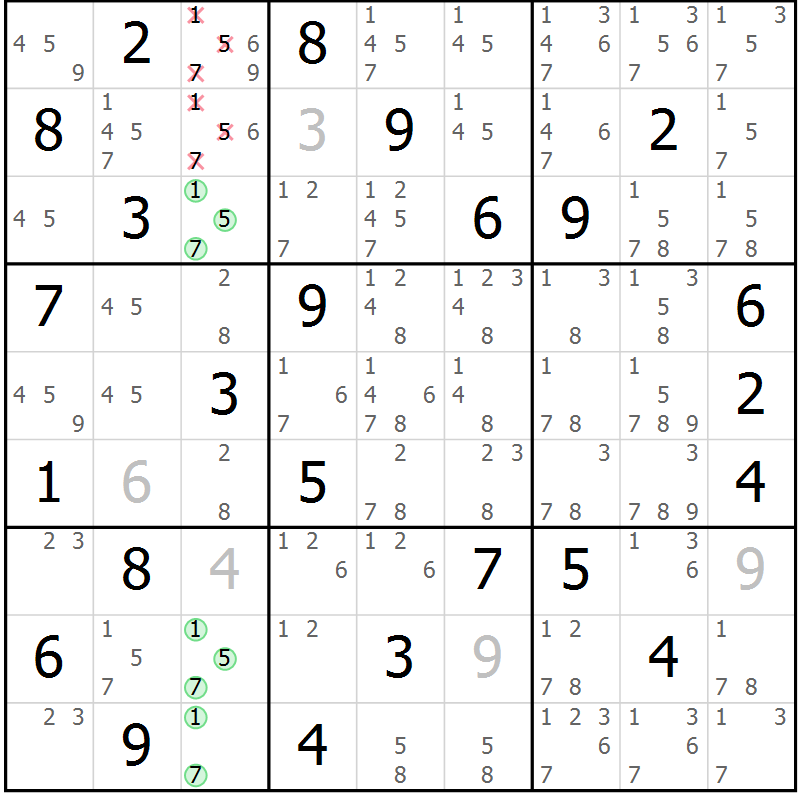 Position des candidats pour la solution de la Gr 55 page 58 du magazine de sudoku Maestro n° 100