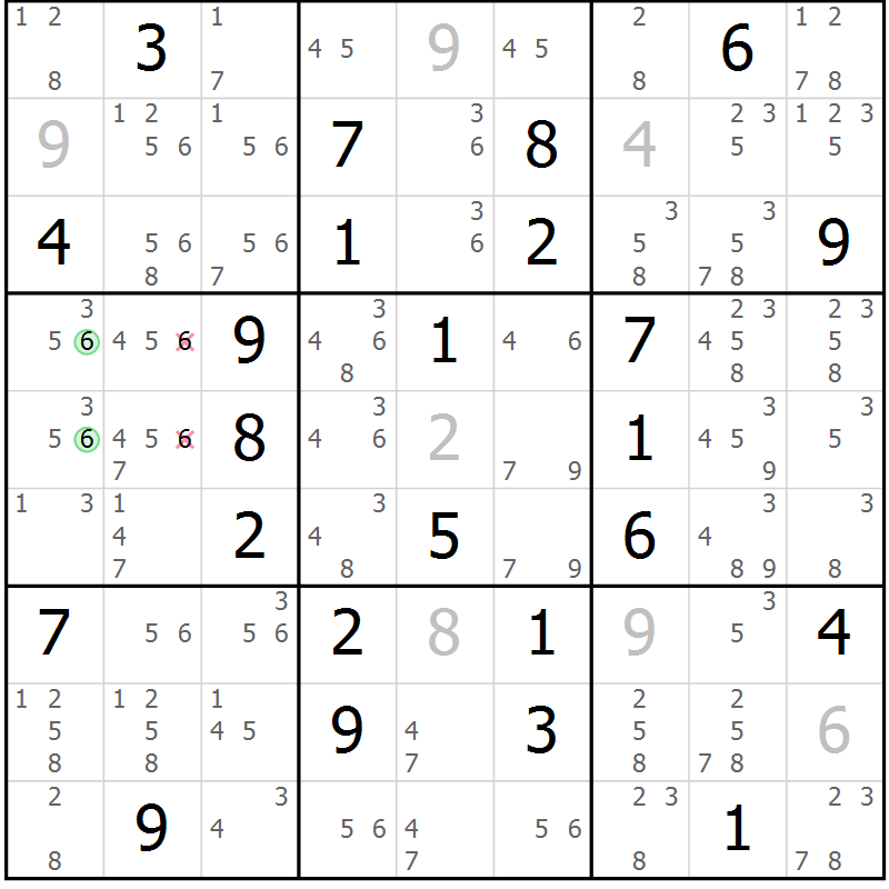 Position des candidats pour la solution de la Gr 56 page 59 du magazine de sudoku Maestro n° 100