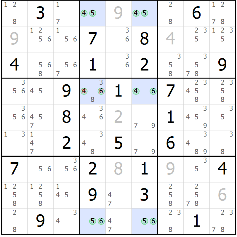 Position des candidats pour la solution de la Gr 56 page 59 du magazine de sudoku Maestro n° 100