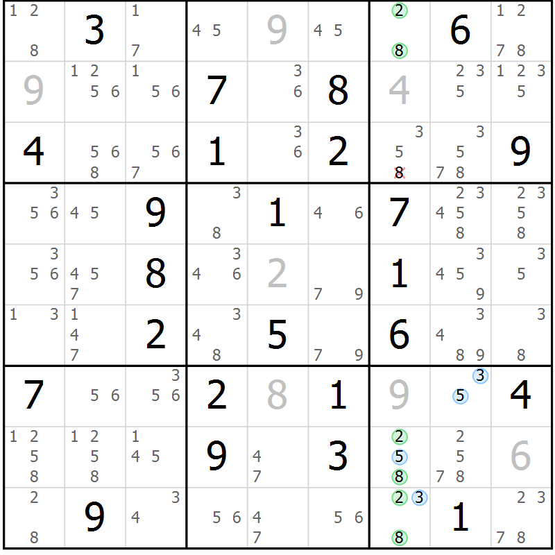 Position des candidats pour la solution de la Gr 56 page 59 du magazine de sudoku Maestro n° 100