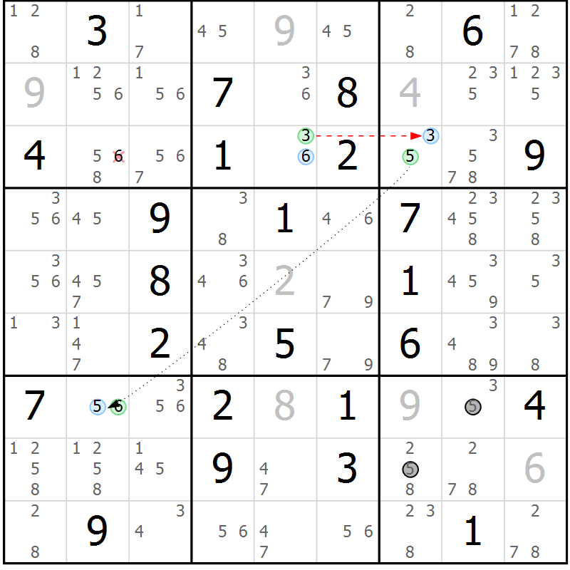 Position des candidats pour la solution de la Gr 56 page 59 du magazine de sudoku Maestro n° 100