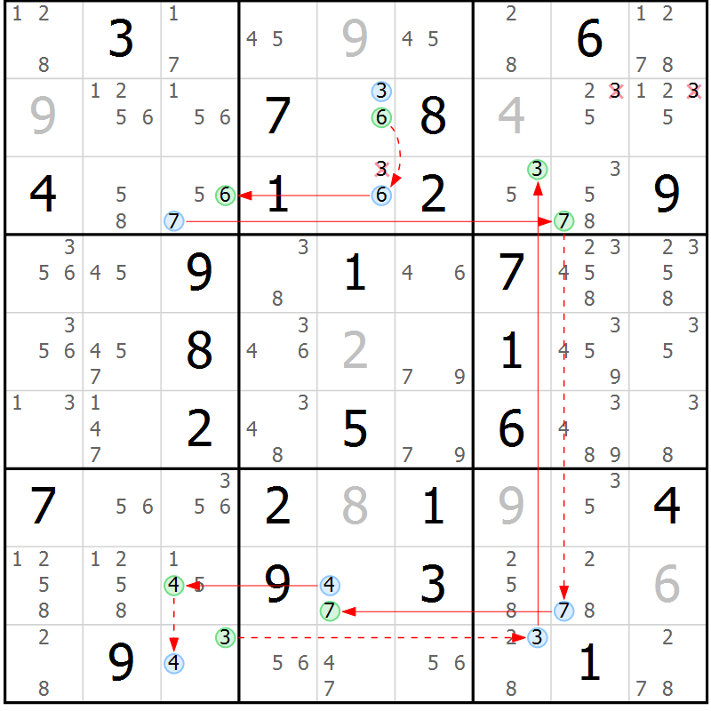 Position des candidats pour la solution de la Gr 56 page 59 du magazine de sudoku Maestro n° 100