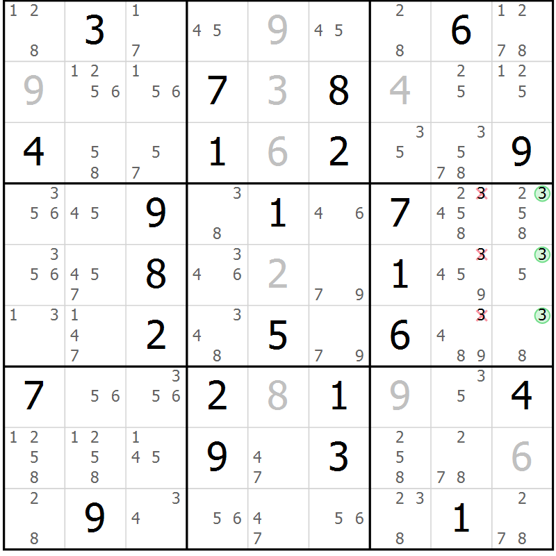 Position des candidats pour la solution de la Gr 56 page 59 du magazine de sudoku Maestro n° 100