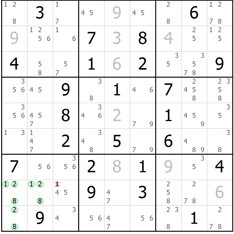 Position des candidats pour la solution de la Gr 56 page 59 du magazine de sudoku Maestro n° 100